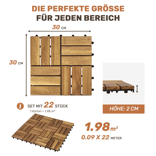 Ladrilhos de deck para exterior 30x30 cm - 22 peças, madeira de acácia, padrão entrelaçado tipo xadrez, pavimento para pátio e piscina - Amarelo Ladrilhos de deck para exterior 30x30 cm - 22 peças, madeira de acácia, padrão entrelaçado tipo xadrez, pavimento para pátio e piscina - Amarelo