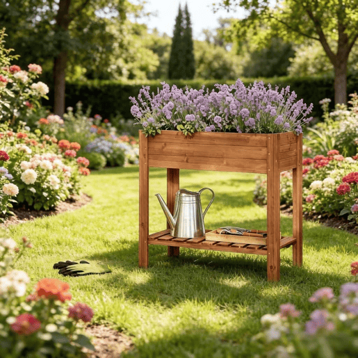 Jardineira elevada 80x40x75 cm - com prateleira de arrumação para plantas e ervas aromáticas - Castanho