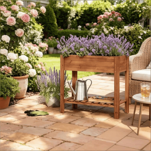 Jardineira elevada 80x40x75 cm - com prateleira de arrumação para plantas e ervas aromáticas - Castanho