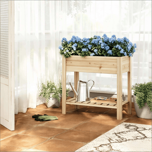 Canteiro elevado 80x40x75 cm u2014 com prateleira de arrumação e concebido para ervas aromáticas e plantas u2014 madeira