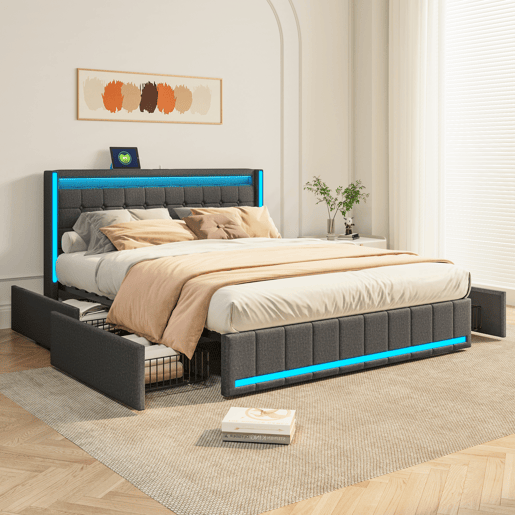 Cama 140x200 cm, USB, Tipo C, LED, 4 Gavetas, Cama de Casal, Cama com Função de Carregamento, Estrutura de Cama, Cinza Cama 140x200 cm, USB, Tipo C, LED, 4 Gavetas, Cama de Casal, Cama com Função de Carregamento, Estrutura de Cama, Cinza