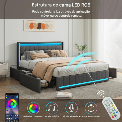 Cama 140x200 cm, USB, Tipo C, LED, 4 Gavetas, Cama de Casal, Cama com Função de Carregamento, Estrutura de Cama, Cinza Cama 140x200 cm, USB, Tipo C, LED, 4 Gavetas, Cama de Casal, Cama com Função de Carregamento, Estrutura de Cama, Cinza