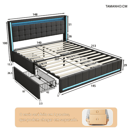 Cama 140x200 cm, USB, Tipo C, LED, 4 Gavetas, Cama de Casal, Cama com Função de Carregamento, Estrutura de Cama, Cinza Cama 140x200 cm, USB, Tipo C, LED, 4 Gavetas, Cama de Casal, Cama com Função de Carregamento, Estrutura de Cama, Cinza