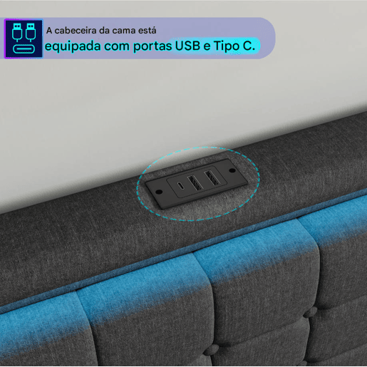 Cama 140x200 cm, USB, Tipo C, LED, 4 Gavetas, Cama de Casal, Cama com Função de Carregamento, Estrutura de Cama, Cinza Cama 140x200 cm, USB, Tipo C, LED, 4 Gavetas, Cama de Casal, Cama com Função de Carregamento, Estrutura de Cama, Cinza