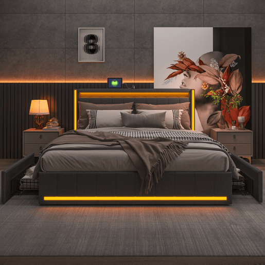 Cama 140x200 cm, USB, Tipo C, LED, 4 Gavetas, Cama de Casal, Cama com Função de Carregamento, Estrutura de Cama, Cinza Cama 140x200 cm, USB, Tipo C, LED, 4 Gavetas, Cama de Casal, Cama com Função de Carregamento, Estrutura de Cama, Cinza
