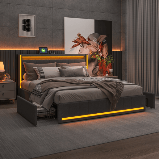 Cama 140x200 cm, USB, Tipo C, LED, 4 Gavetas, Cama de Casal, Cama com Função de Carregamento, Estrutura de Cama, Cinza Cama 140x200 cm, USB, Tipo C, LED, 4 Gavetas, Cama de Casal, Cama com Função de Carregamento, Estrutura de Cama, Cinza