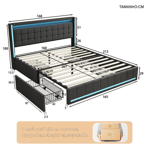 Cama 160x200 cm, USB, Tipo C, LED, 4 Gavetas, Cama de Casal, Cama com Função de Carregamento, Estrutura de Cama, Cinza Cama 160x200 cm, USB, Tipo C, LED, 4 Gavetas, Cama de Casal, Cama com Função de Carregamento, Estrutura de Cama, Cinza