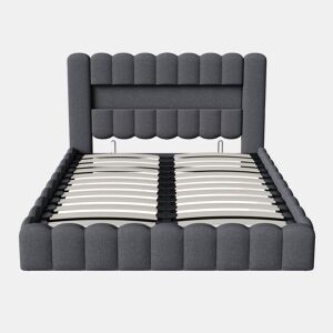 Cama estofada 160x200 cm, cama com estrado hidráulico, cama com estrado de ripas, candeeiro de leitura com porta de carregamento USB e iluminação LED, cama com baú, cama de casal, cama juvenil (cinza)
