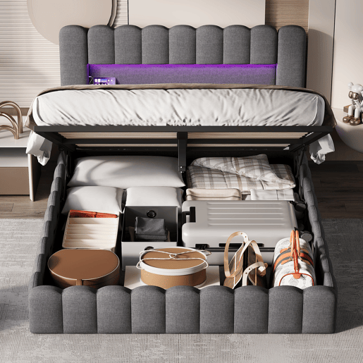 Cama estofada 160x200 cm, cama com estrado hidráulico, cama com estrado de ripas, candeeiro de leitura com porta de carregamento USB e iluminação LED, cama com baú, cama de casal, cama juvenil (cinza) Cama estofada 160x200 cm, cama com estrado hidráulico, cama com estrado de ripas, candeeiro de leitura com porta de carregamento USB e iluminação LED, cama com baú, cama de casal, cama juvenil (cinza)