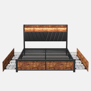 Cama 140x200cm, LED, USB, tomada, 4 gavetas, cama com arrumação, cama em madeira maciça, cama de adolescente, cama de casal