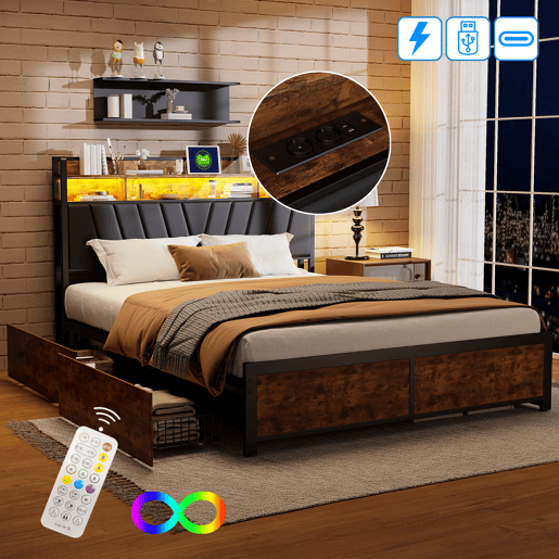 Cama 140x200cm, LED, USB, tomada, 4 gavetas, cama com arrumação, cama em madeira maciça, cama de adolescente, cama de casal