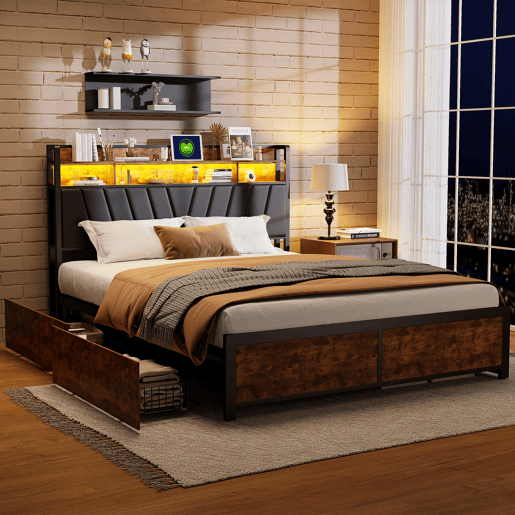 Cama 140x200cm, LED, USB, tomada, 4 gavetas, cama com arrumação, cama em madeira maciça, cama de adolescente, cama de casal