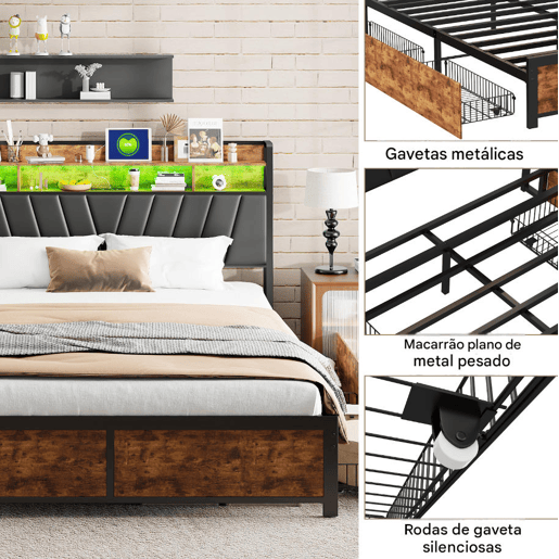 Cama 140x200cm, LED, USB, tomada, 4 gavetas, cama com arrumação, cama em madeira maciça, cama de adolescente, cama de casal