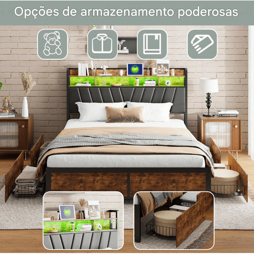 Cama 140x200cm, LED, USB, tomada, 4 gavetas, cama com arrumação, cama em madeira maciça, cama de adolescente, cama de casal