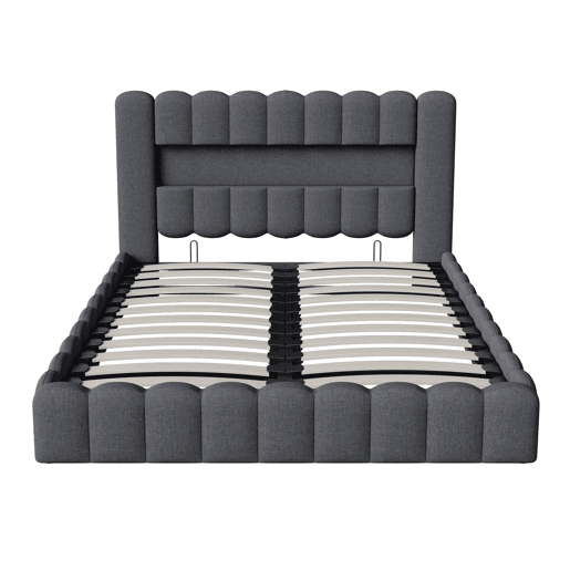 Cama estofada 140x200 cm, cama com estrado hidráulico, cama com estrado de ripas, candeeiro de leitura com porta de carregamento USB e iluminação LED, cama com baú, cama de casal, cama juvenil (cinza)