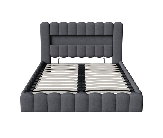 Cama tapizada de 140x200cm, cama con somier hidráulico, cama con somier de láminas, lámpara de lectura con puerto de carga usb e iluminación led, cama