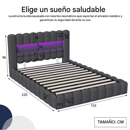 Cama estofada 140x200 cm, cama com estrado hidráulico, cama com estrado de ripas, candeeiro de leitura com porta de carregamento USB e iluminação LED, cama com baú, cama de casal, cama juvenil (cinza)