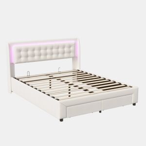 Cama 180x200cm, USB, LED, cama de casal, cama funcional, cama com arrumação, cama de madeira, veludo, bege