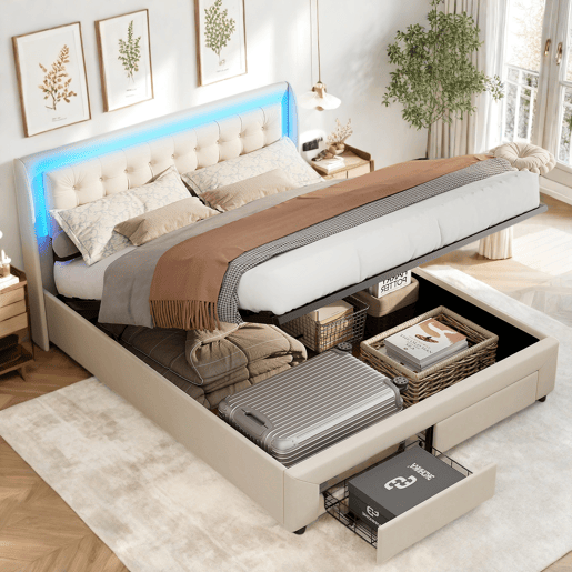 Cama 180x200cm, USB, LED, cama de casal, cama funcional, cama com arrumação, cama de madeira, veludo, bege
