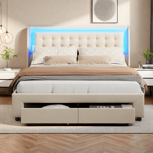 Cama 180x200cm, USB, LED, cama de casal, cama funcional, cama com arrumação, cama de madeira, veludo, bege