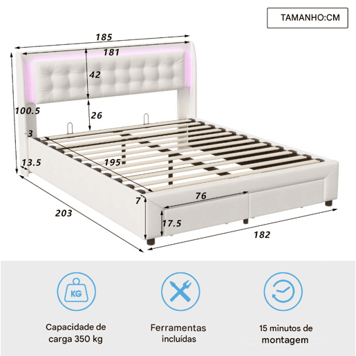 Cama 180x200cm, USB, LED, cama de casal, cama funcional, cama com arrumação, cama de madeira, veludo, bege