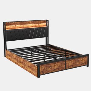 Cama 160x200cm, LED, USB, tomada, 4 gavetas, cama com arrumação, cama em madeira maciça, cama de adolescente, cama de casal