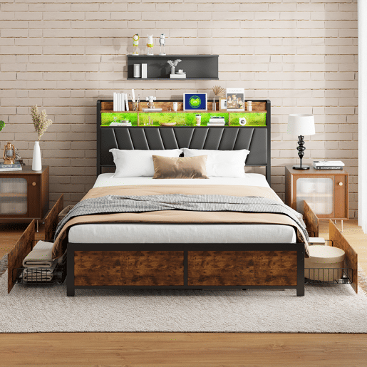 Cama 160x200cm, LED, USB, tomada, 4 gavetas, cama com arrumação, cama em madeira maciça, cama de adolescente, cama de casal Cama 160x200cm, LED, USB, tomada, 4 gavetas, cama com arrumação, cama em madeira maciça, cama de adolescente, cama de casal