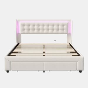 Cama 160x200cm, USB, LED, cama de casal, cama funcional, cama com arrumação, cama de madeira, veludo, bege