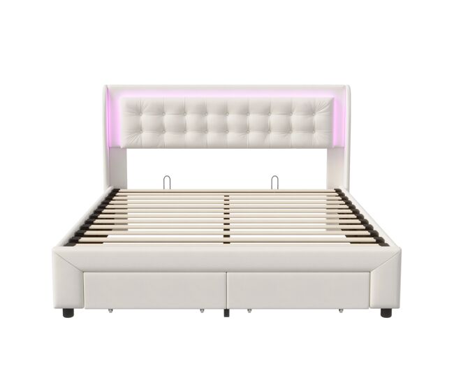 Cama 160x200cm, usb, led, cama doble, cama funcional, cama con canapé, cama de madera, terciopelo, beige