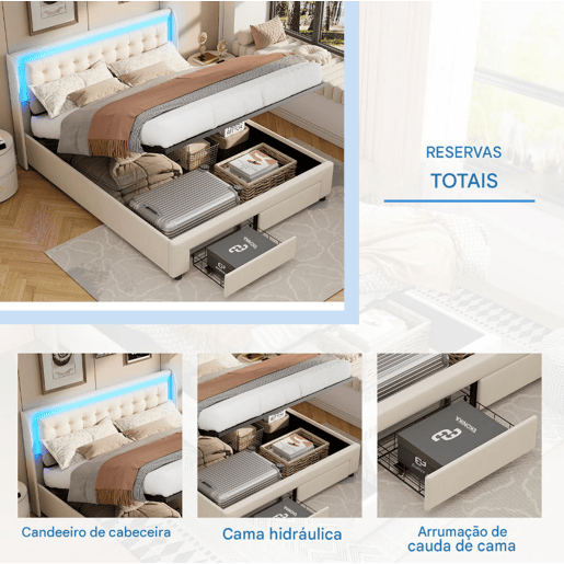 Cama 160x200cm, USB, LED, cama de casal, cama funcional, cama com arrumação, cama de madeira, veludo, bege Cama 160x200cm, USB, LED, cama de casal, cama funcional, cama com arrumação, cama de madeira, veludo, bege