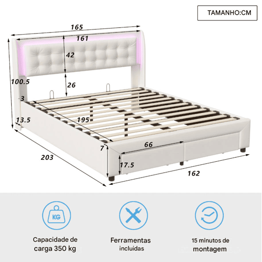 Cama 160x200cm, USB, LED, cama de casal, cama funcional, cama com arrumação, cama de madeira, veludo, bege Cama 160x200cm, USB, LED, cama de casal, cama funcional, cama com arrumação, cama de madeira, veludo, bege