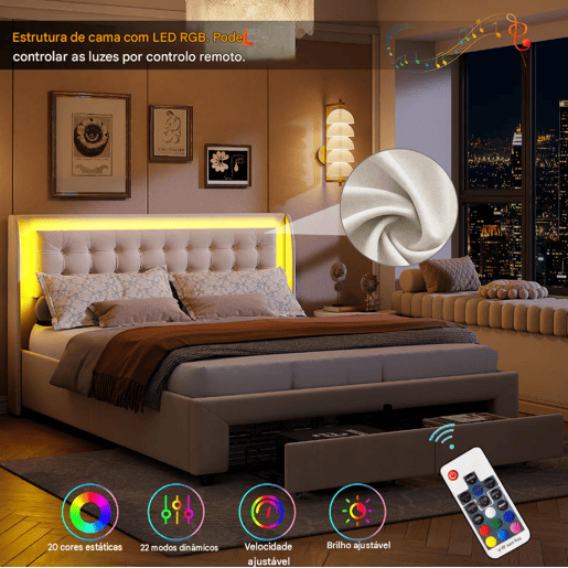 Cama 160x200cm, USB, LED, cama de casal, cama funcional, cama com arrumação, cama de madeira, veludo, bege Cama 160x200cm, USB, LED, cama de casal, cama funcional, cama com arrumação, cama de madeira, veludo, bege