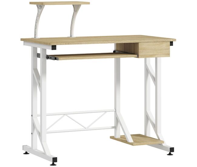 Homcom mesa de escritorio mesa de estudio con bandeja de teclado y cajón mesa de ordenador para despacho oficina 90x50x100 cm roble