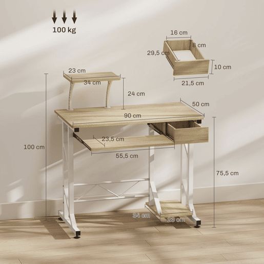 HOMCOM Secretária para Computador com Bandeja para Teclado e Gaveta, Mesa de Escritório para Estudo, 90x50x100 cm, Carvalho HOMCOM Secretária para Computador com Bandeja para Teclado e Gaveta, Mesa de Escritório para Estudo, 90x50x100 cm, Carvalho