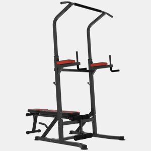 HOMCOM Estação de Musculação Dobrável com Barra de Elevações, Altura Ajustável e Banco Reclinável, até 150 kg, Preto e Vermelho