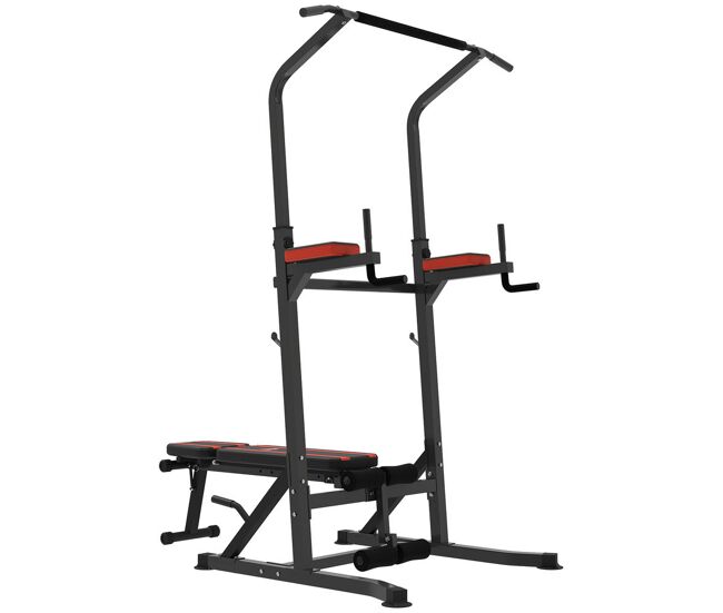 Homcom estación de musculación torre de entrenamiento altura ajustable 200-230 cm con barra de dominadas y banco plegable para fitness en casa