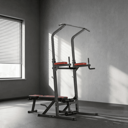 HOMCOM Estação de Musculação Dobrável com Barra de Elevações, Altura Ajustável e Banco Reclinável, até 150 kg, Preto e Vermelho HOMCOM Estação de Musculação Dobrável com Barra de Elevações, Altura Ajustável e Banco Reclinável, até 150 kg, Preto e Vermelho