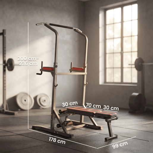 HOMCOM Estação de Musculação Dobrável com Barra de Elevações, Altura Ajustável e Banco Reclinável, até 150 kg, Preto e Vermelho HOMCOM Estação de Musculação Dobrável com Barra de Elevações, Altura Ajustável e Banco Reclinável, até 150 kg, Preto e Vermelho