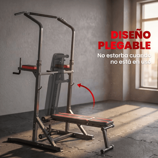 HOMCOM Estação de Musculação Dobrável com Barra de Elevações, Altura Ajustável e Banco Reclinável, até 150 kg, Preto e Vermelho HOMCOM Estação de Musculação Dobrável com Barra de Elevações, Altura Ajustável e Banco Reclinável, até 150 kg, Preto e Vermelho