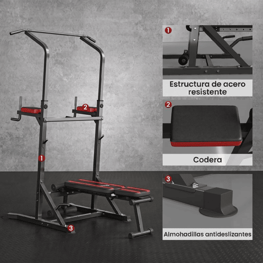 HOMCOM Estação de Musculação Dobrável com Barra de Elevações, Altura Ajustável e Banco Reclinável, até 150 kg, Preto e Vermelho HOMCOM Estação de Musculação Dobrável com Barra de Elevações, Altura Ajustável e Banco Reclinável, até 150 kg, Preto e Vermelho