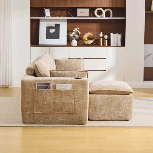 Sofá modular de 3 lugares + apoio para os pés - almofadas, porta-copos, bolsos laterais, espuma e molas - cáqui