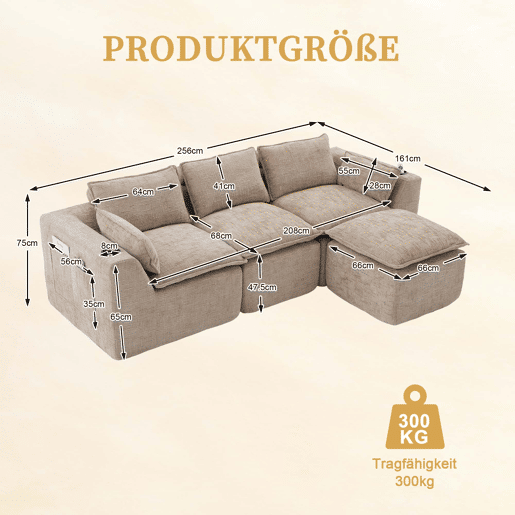 Sofá modular de 3 lugares + apoio para os pés - almofadas, porta-copos, bolsos laterais, espuma e molas - cáqui