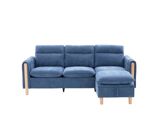 Sofá esquinero l 3 plazas - estilo nórdico con puf de almacenamiento, sofá en l con bolsillos laterales y patas de madera, chenilla - azul