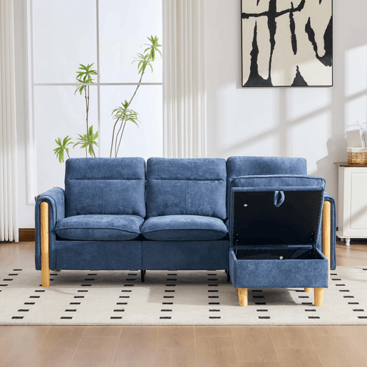 Sofá de canto em L de 3 lugares - estilo nórdico com pufe com espaço de arrumação, sofá em L com bolsos laterais e pés de madeira, chenille - azul Sofá de canto em L de 3 lugares - estilo nórdico com pufe com espaço de arrumação, sofá em L com bolsos laterais e pés de madeira, chenille - azul