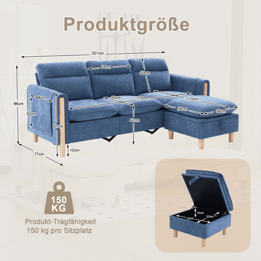 Sofá de canto em L de 3 lugares - estilo nórdico com pufe com espaço de arrumação, sofá em L com bolsos laterais e pés de madeira, chenille - azul Sofá de canto em L de 3 lugares - estilo nórdico com pufe com espaço de arrumação, sofá em L com bolsos laterais e pés de madeira, chenille - azul