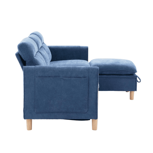 Sofá de canto em L de 3 lugares - estilo nórdico com pufe com espaço de arrumação, sofá em L com bolsos laterais e pés de madeira, chenille - azul Sofá de canto em L de 3 lugares - estilo nórdico com pufe com espaço de arrumação, sofá em L com bolsos laterais e pés de madeira, chenille - azul