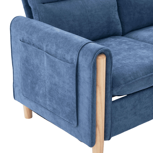 Sofá de canto em L de 3 lugares - estilo nórdico com pufe com espaço de arrumação, sofá em L com bolsos laterais e pés de madeira, chenille - azul Sofá de canto em L de 3 lugares - estilo nórdico com pufe com espaço de arrumação, sofá em L com bolsos laterais e pés de madeira, chenille - azul