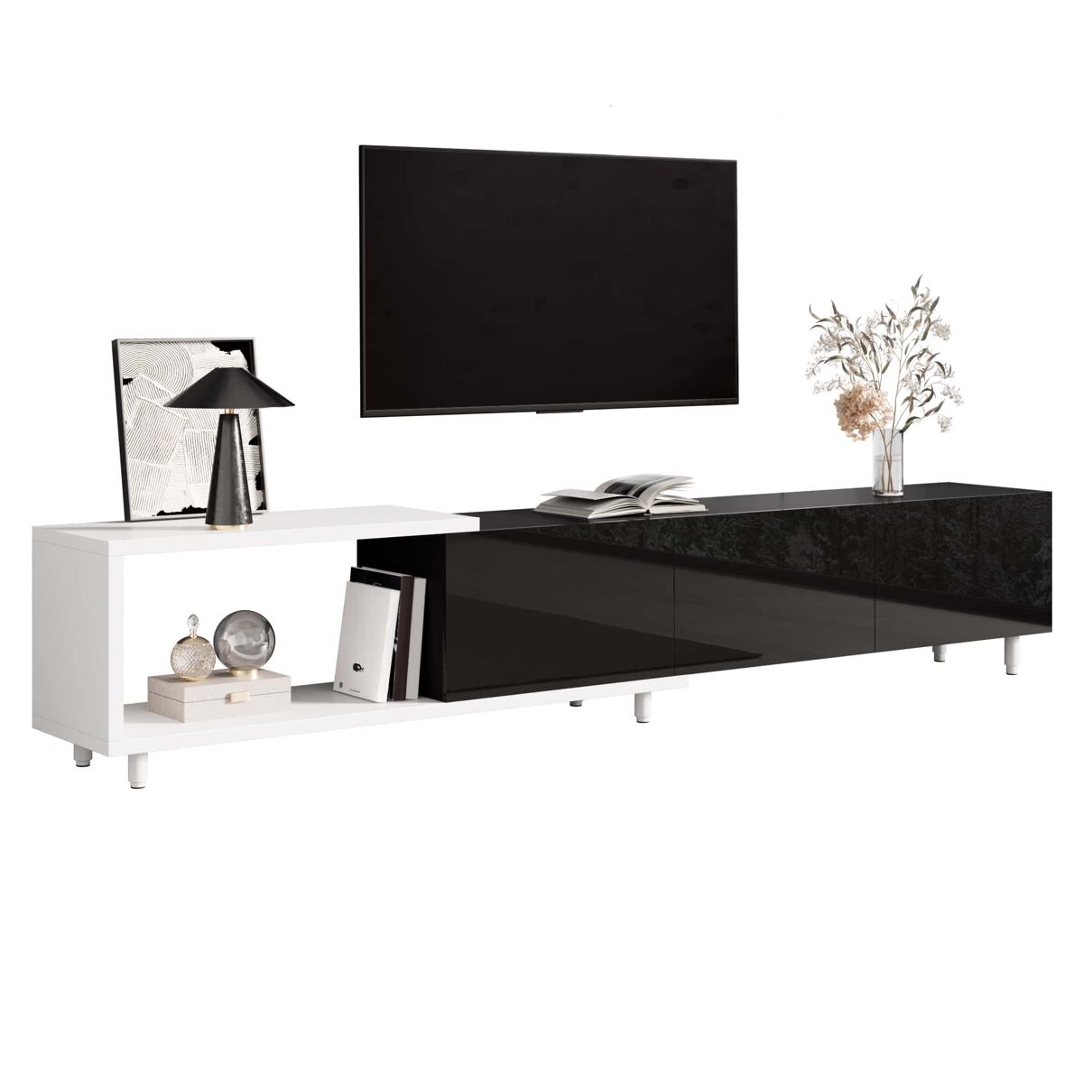mueble tv extensible - 3 puertas alto brillo patas metalicas bisagras silenciosas diseno moderno almacenamiento - negro blanco