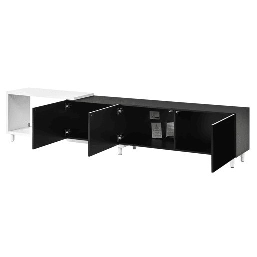 Móvel de TV extensível - 3 portas de alto brilho, pés metálicos, dobradiças silenciosas, design moderno, espaço de arrumação - preto, branco Móvel de TV extensível - 3 portas de alto brilho, pés metálicos, dobradiças silenciosas, design moderno, espaço de arrumação - preto, branco