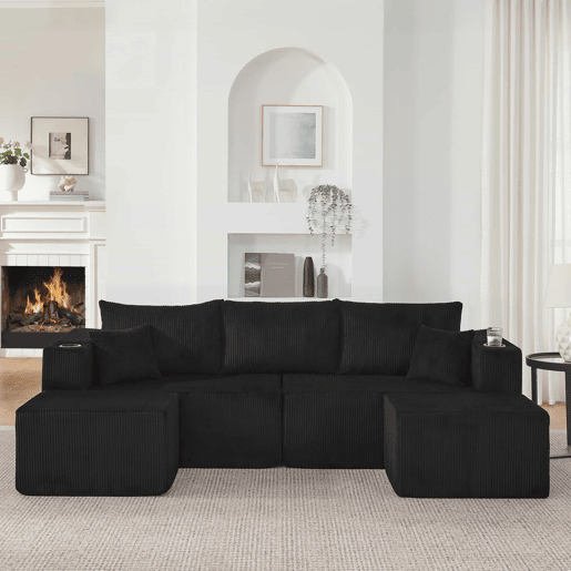 Sofá modular de canto de 3 lugares - em forma de L com pufes móveis, tecido de veludo cotelê macio, porta-copos, bolso lateral e almofadas - Preto Sofá modular de canto de 3 lugares - em forma de L com pufes móveis, tecido de veludo cotelê macio, porta-copos, bolso lateral e almofadas - Preto
